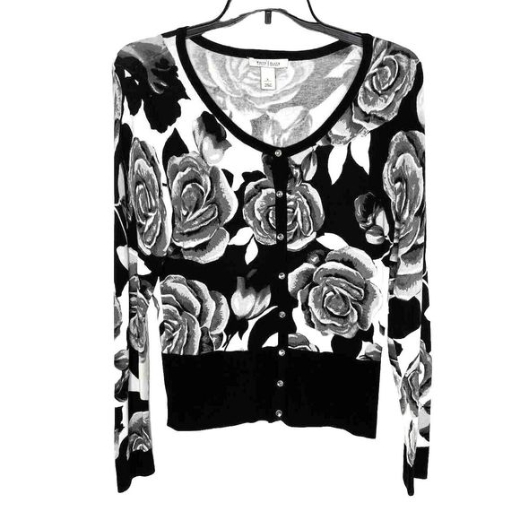White House Black Market Sweaters - White House Black Market Size L Cardigan Fitted Roses Floral Rhinstones Buttons